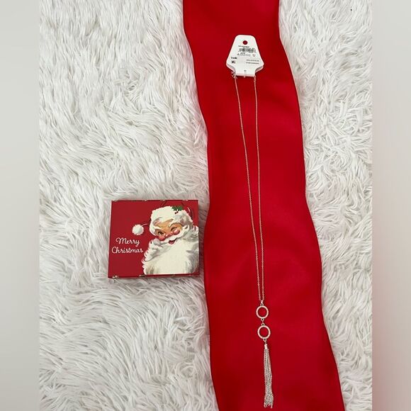 Silver long chain necklace 24” circle hoops rhinestones  tassel NEW - Picture 1 of 8